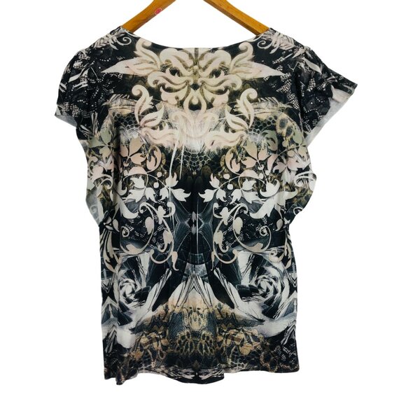 One World Womens Flutter Sleeve Top Sz Large Floral Pattern Embellished - Picture 7 of 11